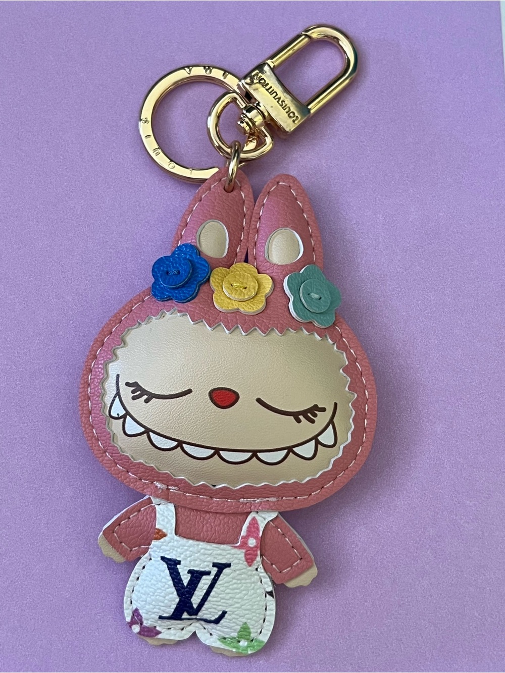 Louis Vuitton Pink Bunny Bag Charm with Gold Hardware and Multicolor Flowers